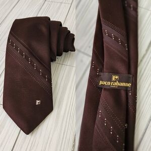 Paco Rabanne Paris Embroidered Vintage Monogram Necktie in Umber Brown and Tan